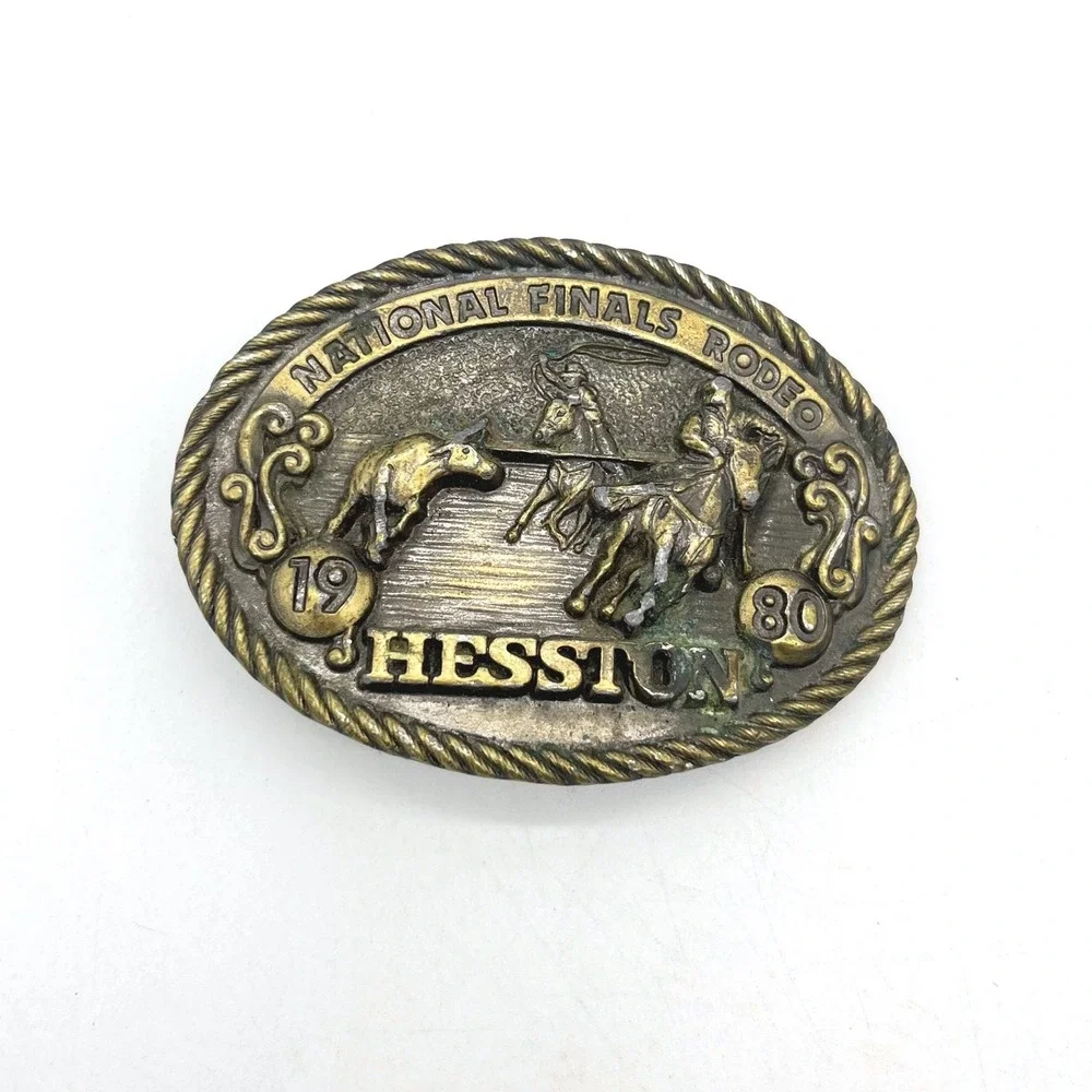 Vintage 1980 Hesston National Finals Rodeo Belt Buckle NFR Steer Wrestling Brass